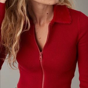 AE Cropped Eyelash-Collar Full-Zip Sweater
